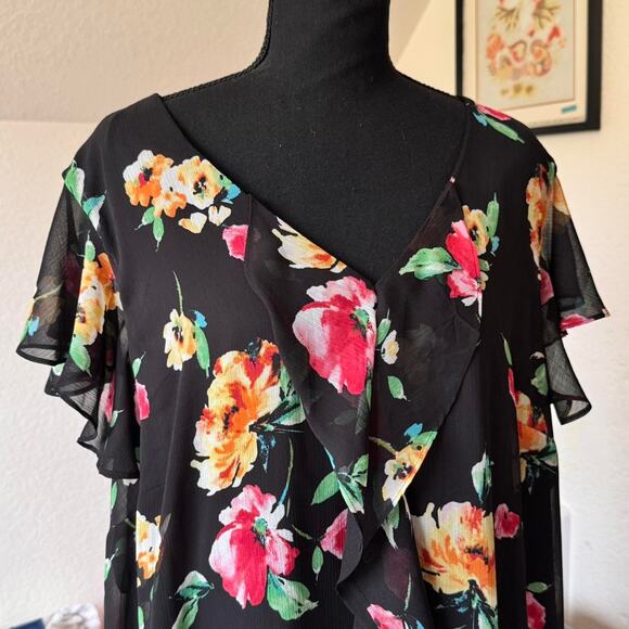 y2k black floral flounce shift dress sheer sz XXL flowy fairy romantic resort - Picture 1 of 8